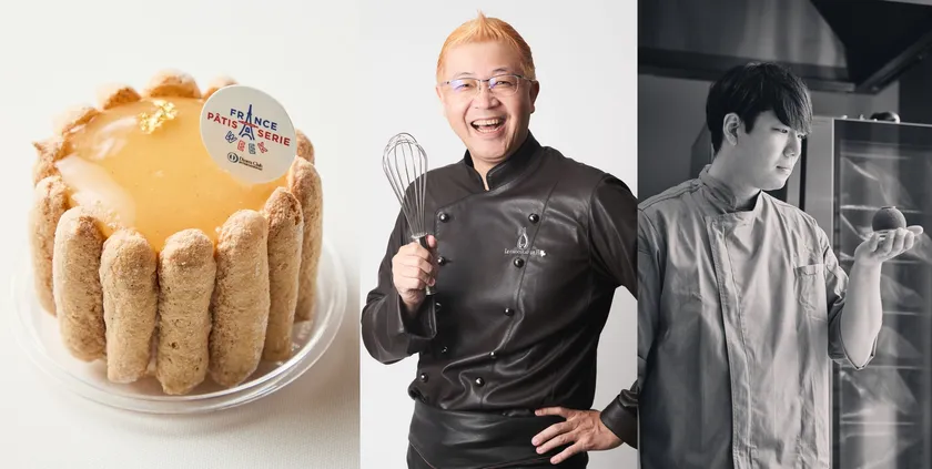 「LE CHOCOLAT DE H」の「シャルロットポワール」とオーナーシェフ 辻口 博啓氏(中央)、スーシェフ  川端 慎也氏(右)