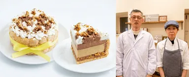 「パティスリーアンジュール２０１８」の「シャルロット・ショコラと加賀棒茶」とパティシエール 田中 さおり氏