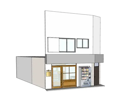 「おかしやシュクエピ」の店舗外観イメージパース。木目を基調としたシックな佇まいで、店頭には自動販売機の設置も予定。