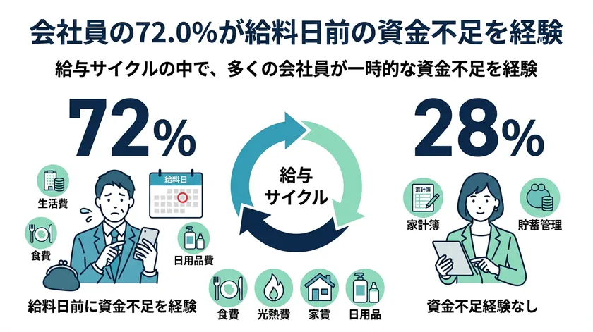 会社員の72.0％が給料日前の資金不足を経験