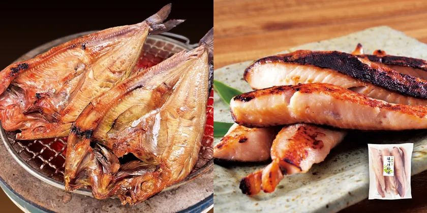 (左から)特大真ホッケ、ホッケスティック