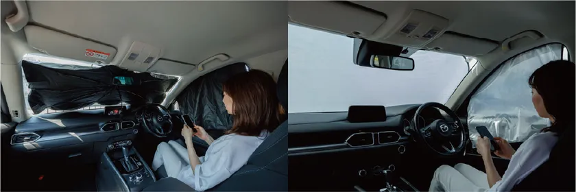 (左)遮光タイプの傘型カーシェードは車内が暗く圧迫感があるだけでなく、隙間もできて熱が車内に侵入してしまう (右)本商品のフロント用とサイド用を装着。フロントがスッキリ広々。解放感もたっぷり