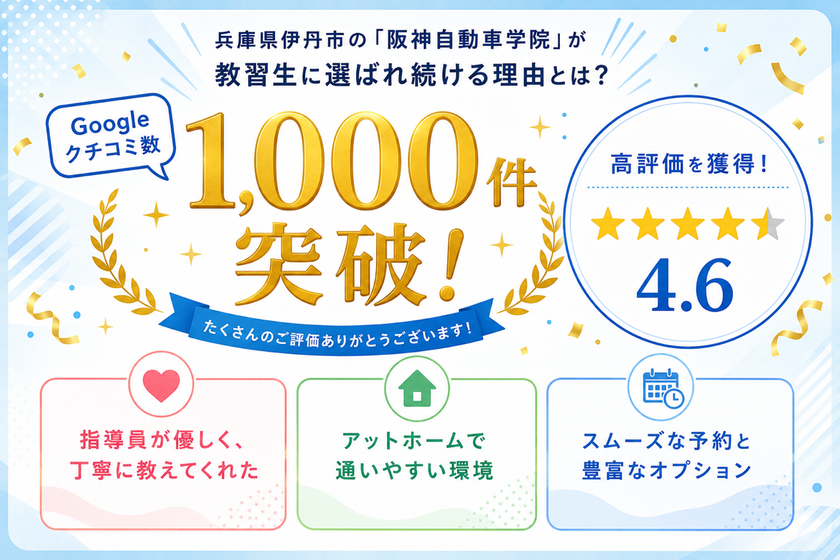 Googleクチコミ数1,000件突破、★4.6を獲得！
兵庫県伊丹市の「阪神自動車学院」が教習生に
選ばれ続ける理由とは？
「指導員の優しさ」や「通いやすさ」で高評価を獲得