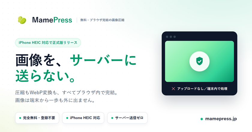 画像をサーバーに送信しない無料画像圧縮ツール「MamePress」
iPhoneのHEIC対応で正式版を提供開始