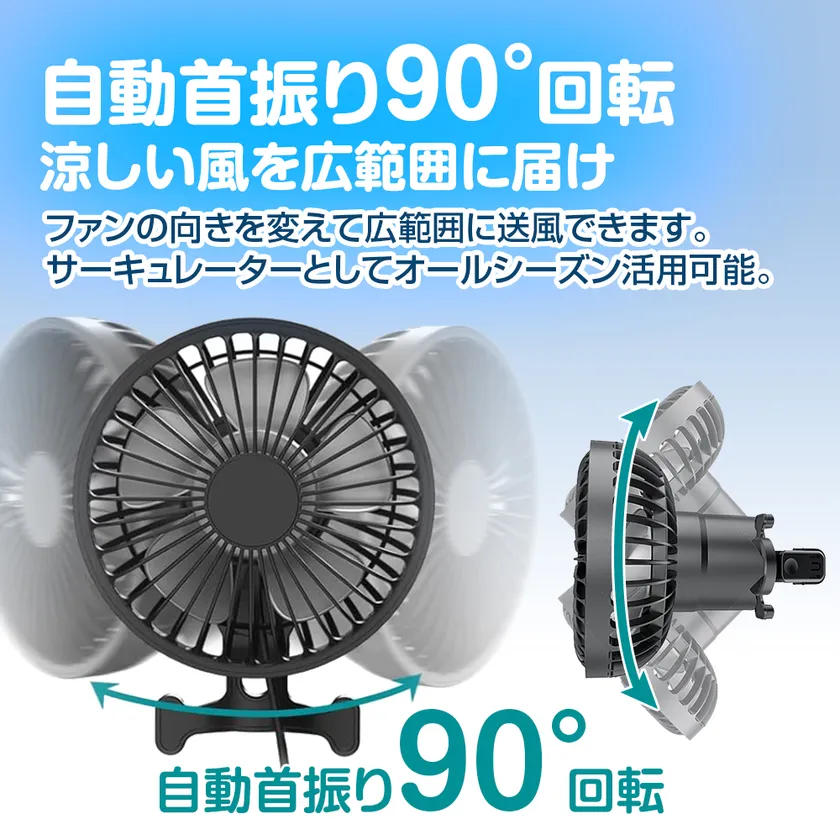 自動首振り90°回転で涼しい風を広範囲に届ける