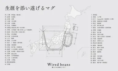 同一の形状のもと、47都道府県の産地と製作するマグ。24の府県(31窯元)で製作されたマグを販売中、23の都道府県の窯元と製作が進行中。