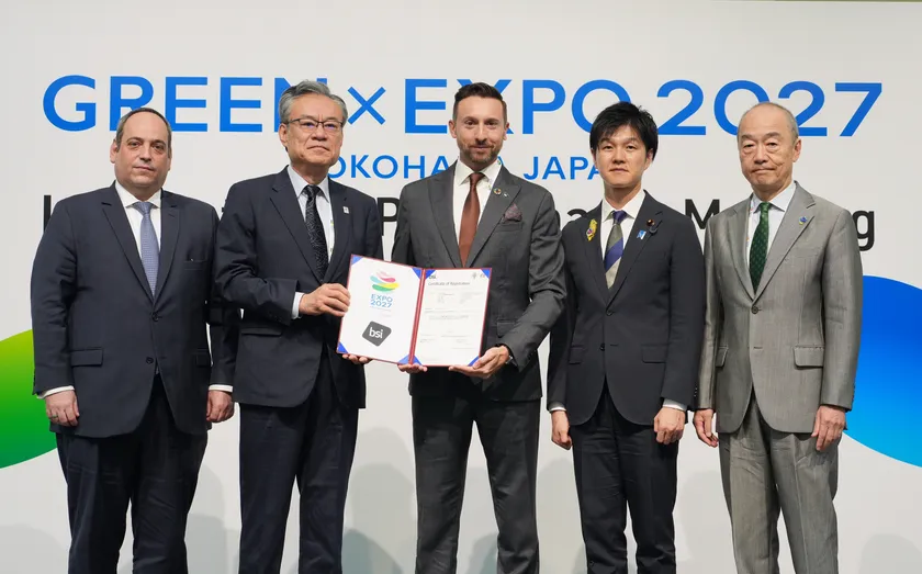 博覧会国際事務局(BIE) ケルケンツェス事務局長、GREEN×EXPO協会 河村事務総長、BSIグループ グローバル認証ビジネス プレジデント ハロルド・プラダル、鈴木農林水産大臣、2027年国際園芸博覧会政府委員 新美氏