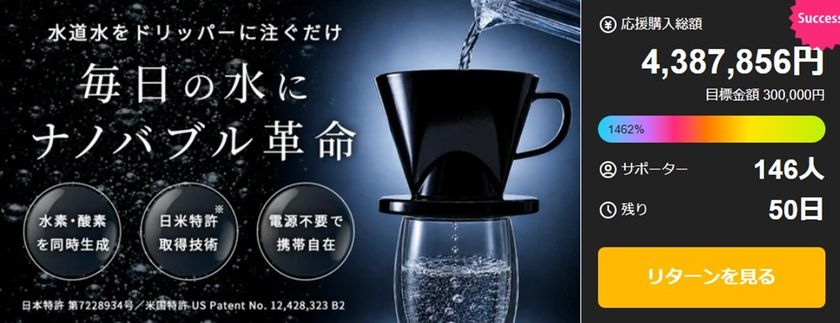 日米特許取得の独自技術が生んだ携帯型ナノバブル生成器
「OHRABBLE(TM)ウォータードリッパー」がMakuakeで
公開9日間に約439万円、サポーター146人の支援を獲得