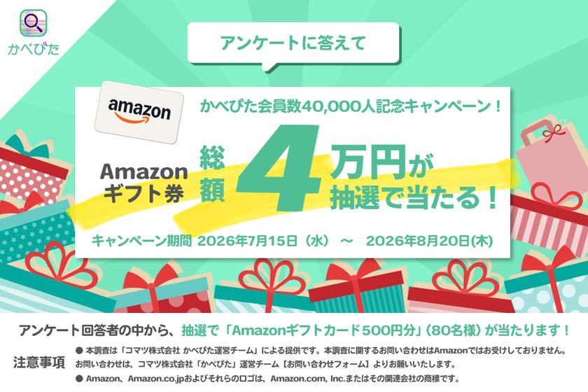 壁紙AI識別アプリ「かべぴた」会員数4万人突破!
Amazonギフトカード総額4万円が当たる
ユーザーアンケートキャンペーンを実施