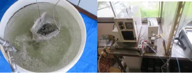 画像(1)／(左)洗浄状況、(右)AOS発生試験装置