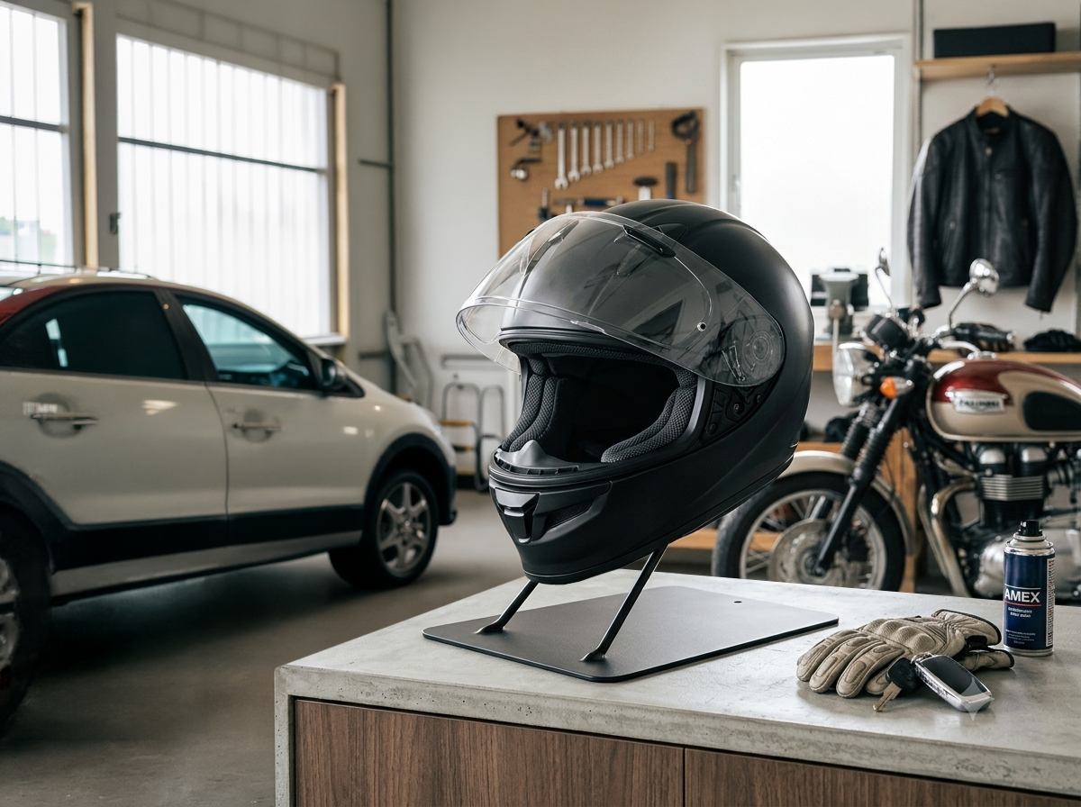 置くだけでヘルメットを“見せる収納”へ 3色展開のヘルメットスタンド