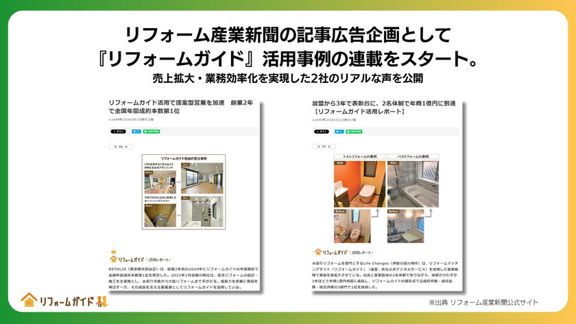 リフォーム産業新聞の記事広告企画として
『リフォームガイド』活用事例の連載をスタート　
売上拡大・業務効率化を実現した2社のリアルな声を公開
