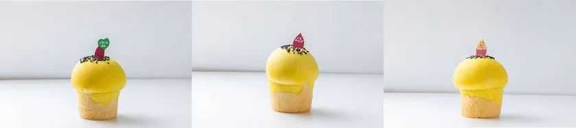 左:ほっくりいもあんぱん 中央:ほっくりいもあんぱんホイップ 右:ほっくりいもあんぱんバタークリーム 各380円