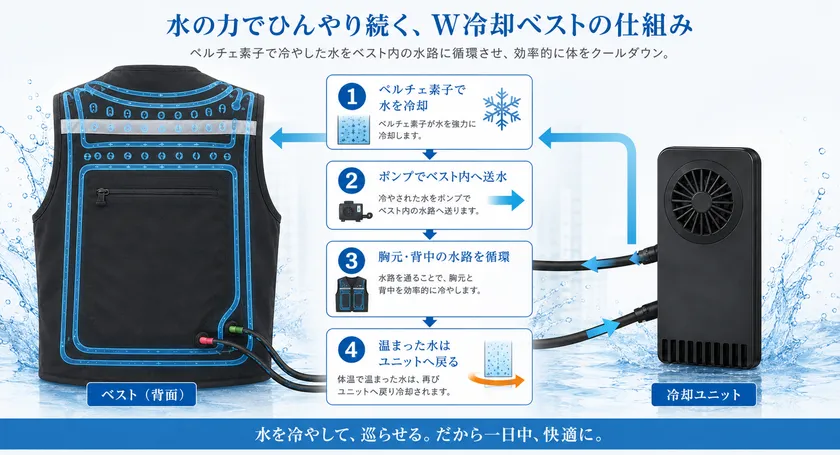 冷やした水がベスト内を循環し、温まった水は再びユニットへ戻ります。