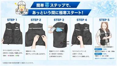 冷却ユニットとホースを接続し、水・保冷剤・対応モバイルバッテリーをセットして運転を開始します。