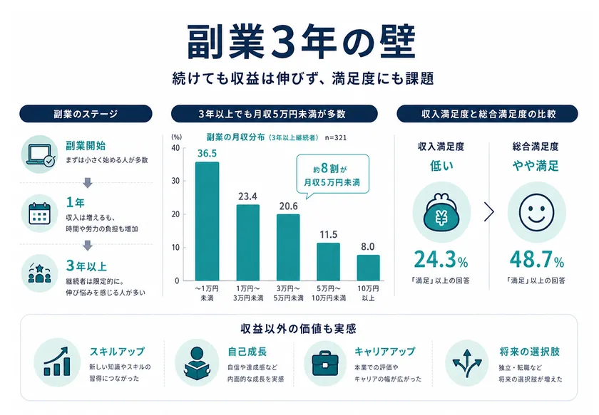 「副業3年の壁」──続けても収益は伸びず、満足度にも課題