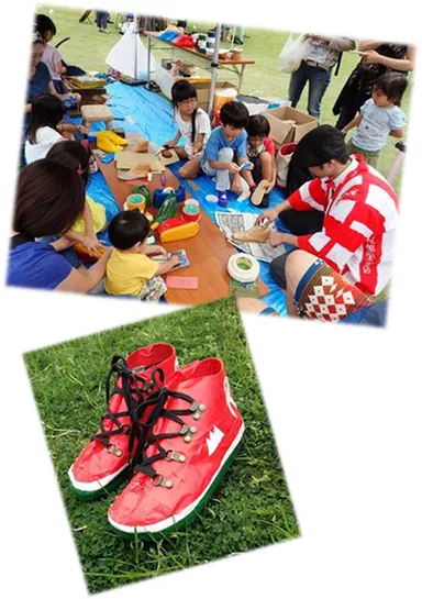 靴郎堂本店ワークショップ「山のズックやさん『ろっこうさんでぃ！登山靴』」（上）開催イメージ（下）作品イメージ