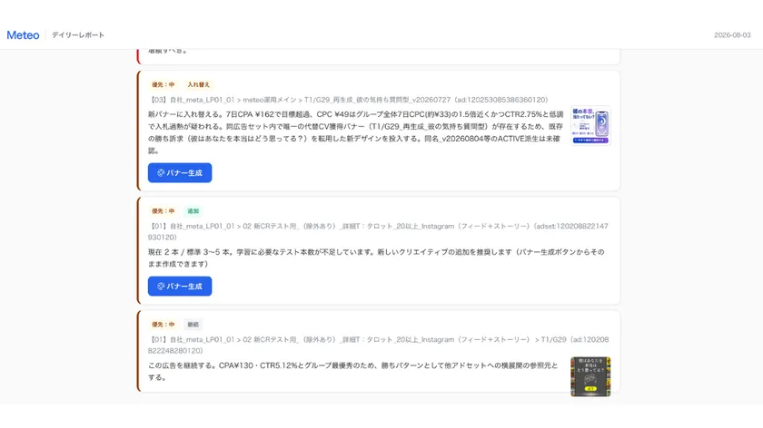 広告の入れ替え・追加・継続をMeteoが判断