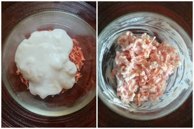 干しにんじんにプレーンヨーグルトを加え、7～8時間置いた乾物ヨーグルトのbefore／after