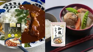 「米粉でつくった罪なきチキンカレー」と「ごはんによく合う和風シチュー・ルー」