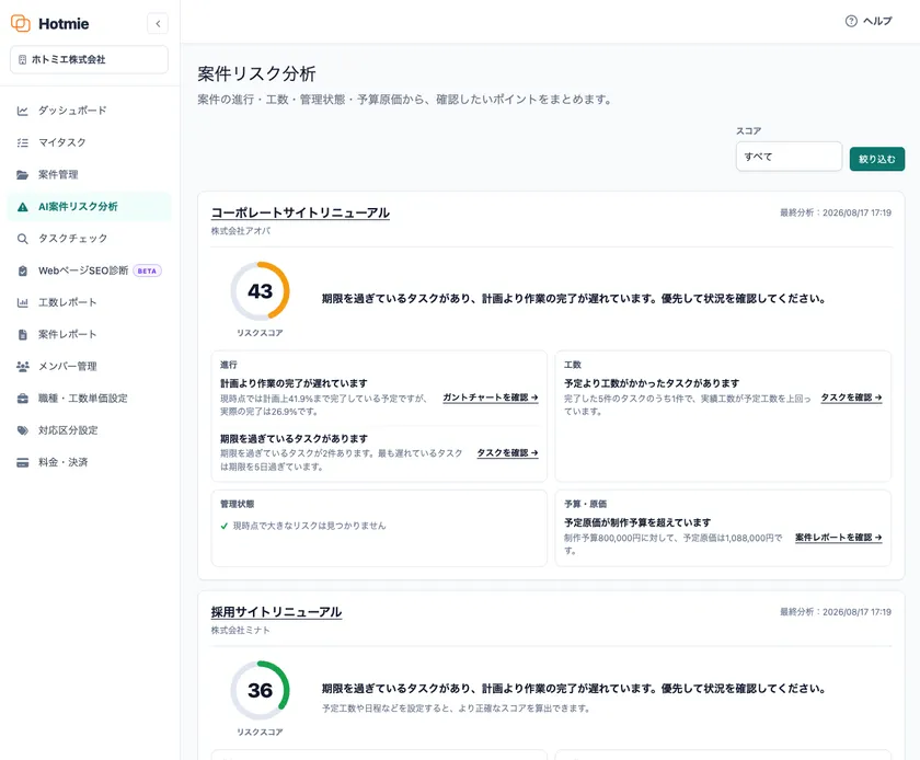 案件データから確認したいポイントをまとめて表示する「AI案件リスク分析」