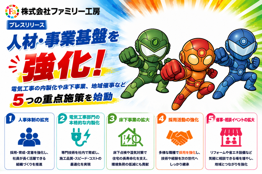 株式会社ファミリー工房、人材・事業基盤を強化　
電気工事の内製化や床下事業、地域催事など5つの重点施策を始動