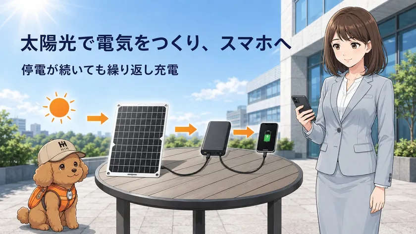 太陽光で発電し、モバイルバッテリーを介してスマートフォンを充電する流れ
