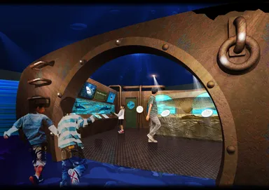 潜水艦の内部には珍しいサメの標本が。