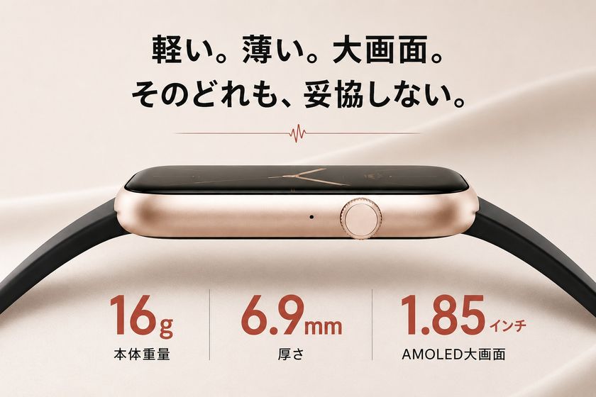 スマートウォッチ282製品中で最軽量・最薄　
1.85インチの大画面で16g・6.9mmのスマートウォッチ
「SINNIS Grace2」を8,980円で8月26日発売