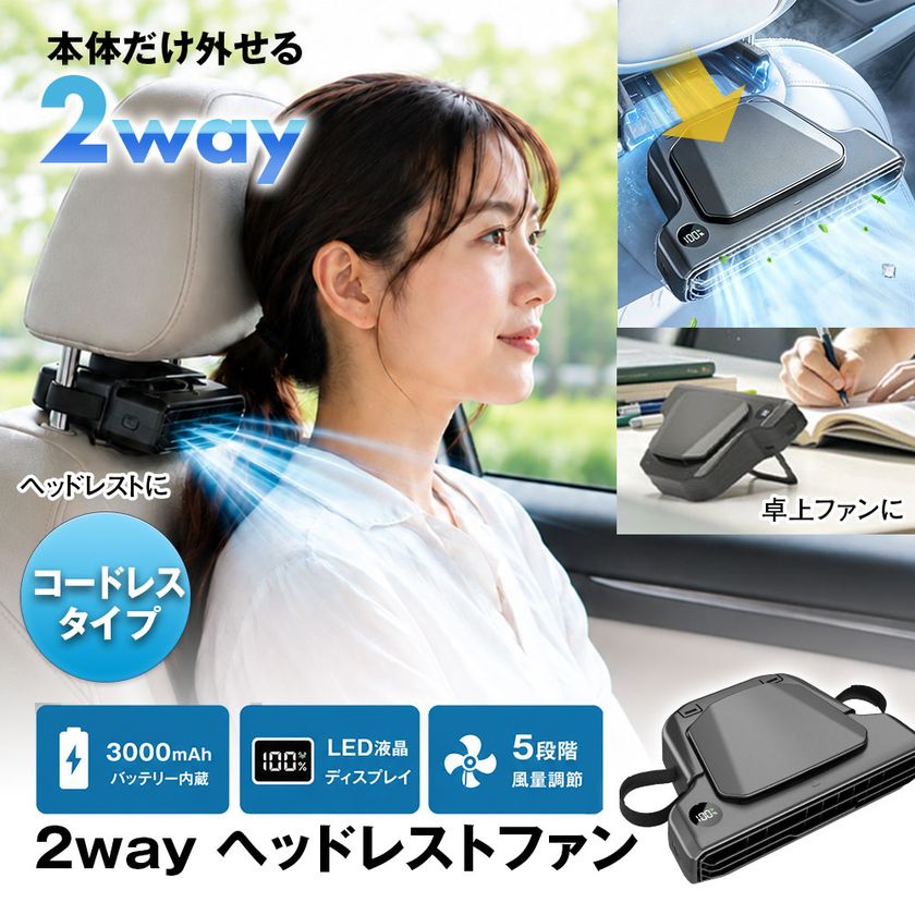 車内では首もと専用ファン、外せば卓上ファン　
MAXWIN、2WAYヘッドレストファン「K-FAN18-B」を発売