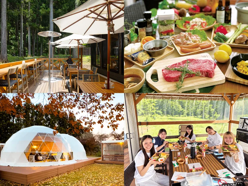 企業研修からBBQ、キャンプファイヤー、ドームテント宿泊まで楽しむ1泊2日の団体利用イメージ