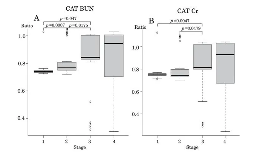 図：猫の慢性腎臓病ステージ別におけるBUN(尿素窒素)・Cr(クレアチニン)比率の推移および有意差検証データ(学術研究発表資料より抜粋)
