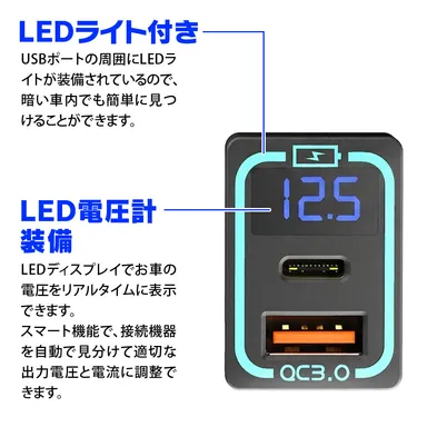 ポート周囲のLEDライトとLED電圧計を装備