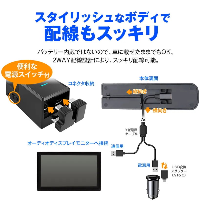 スタイリッシュなボディで配線もスッキリ。給電アダプターは本体に収納可能で工具不要の簡単取付