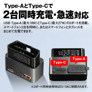 Type-AとType-Cで2台同時充電・急速充電に対応