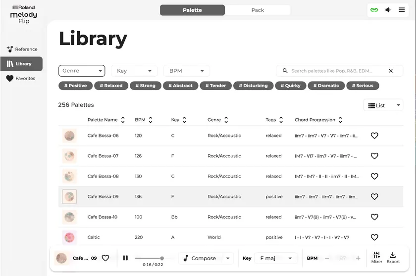 『Melody Flip』「Library」画面イメージ。約250種類の「Palette」を収録