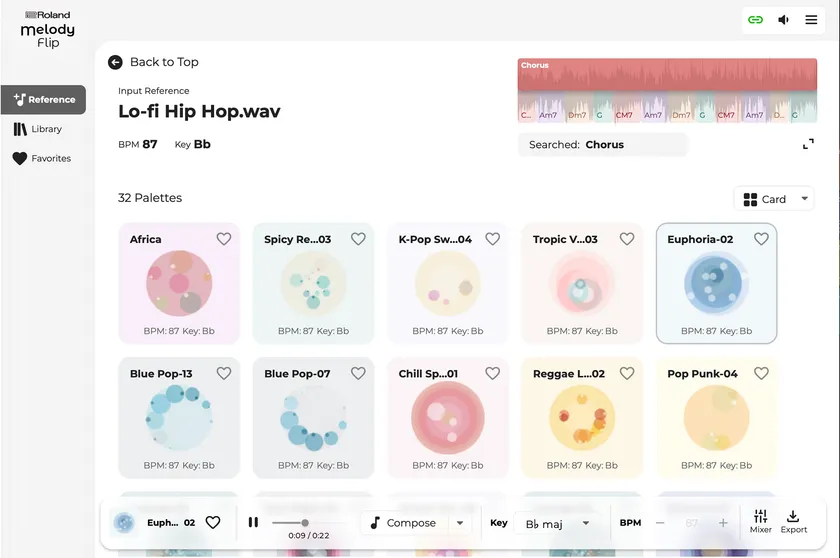 『Melody Flip』「Reference」画面イメージ。読み込まれたオーディオ・ファイルからおすすめの「Palette」を提案