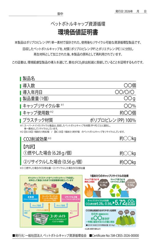 ペットボトルキャップの資源循環を、目に見える「環境価値」へ
　一般社団法人ペットボトルキャップ資源循環協会を設立　
2026年8月より「環境価値証明書」の発行を開始