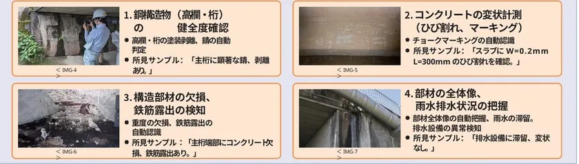 AIが生成した所見文の例。変状の種類、位置、寸法を判読し、国土交通省の様式に沿った文章として出力します。