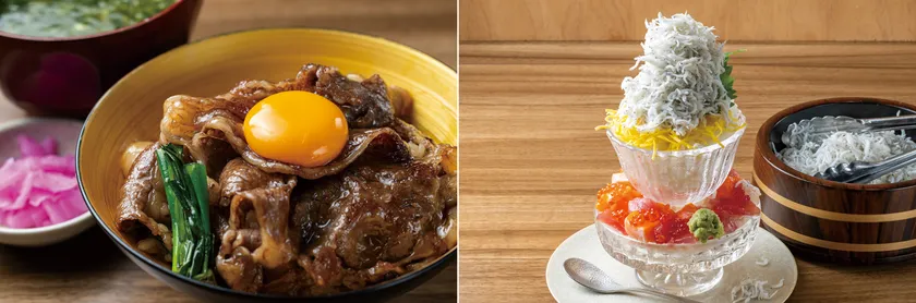 (左)石川はちみつ牛 贅沢すき焼丼 2,695円 (右)海鮮満開てっぺん丼 1,870円