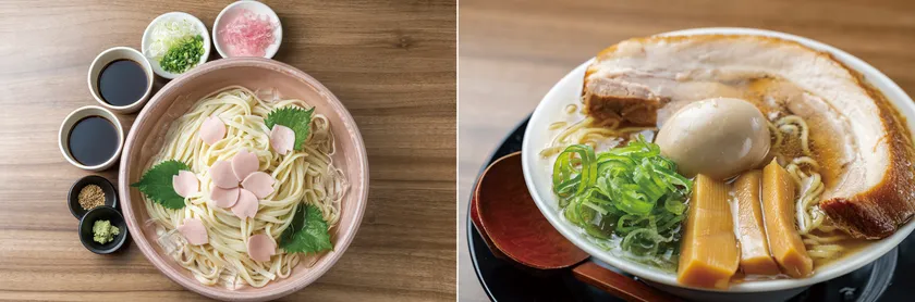 (左)さくら舞い散る3尺うどん 2,200円 (右)豚角煮らーめん 2,200円