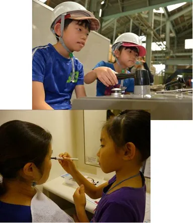 （上）阪神電車 尼崎車庫での車両整備体験（下）クレデュプレ梅田店でのメイクアップ実習