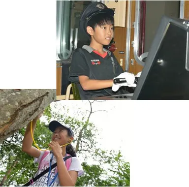 （上）阪急電鉄教習所での運転士・車掌体験（下）能勢妙見山での里山自然体験