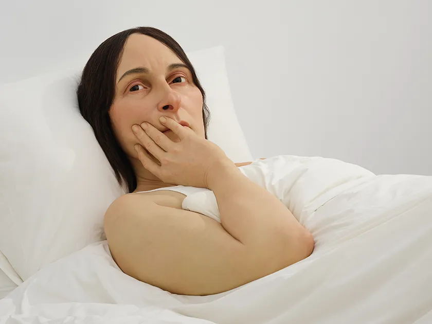 《イン・ベッド》 2005年 ミクストメディア 162 × 650 × 395 cm 所蔵:カルティエ現代美術財団 展示風景:「ロン・ミュエク」韓国国立現代美術館ソウル館、2025年 撮影:ナム・キヨン 画像提供:カルティエ現代美術財団、韓国国立現代美術館