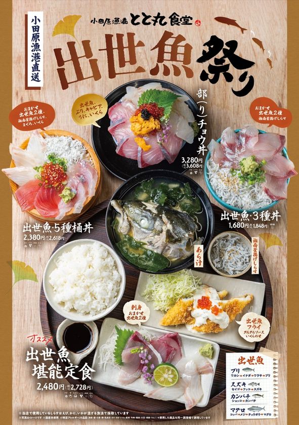 「食べて運気も出世する!?」縁起魚が大集合!
小田原漁港直送「出世魚祭り」開催
ブリ・スズキ・カンパチなど、成長とともに名を変える
“出世魚”を豪快に味わう!