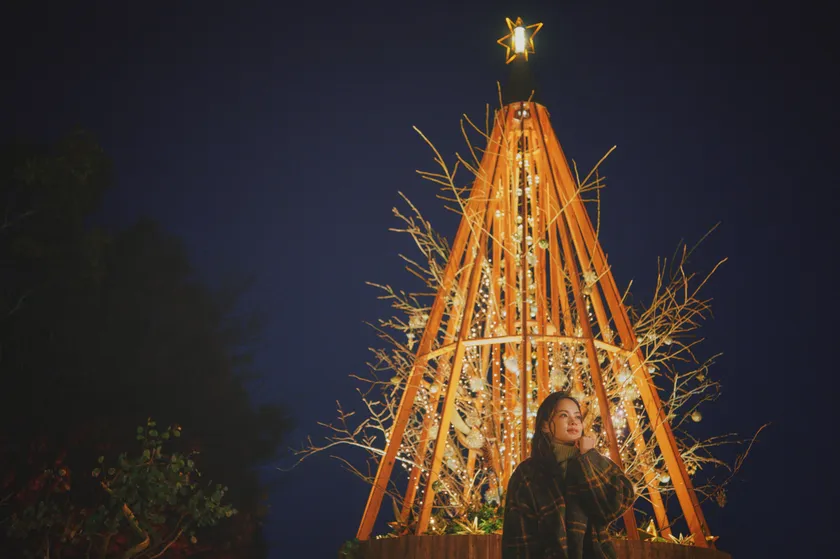 夜のクリスマスタワーを見上げるひととき