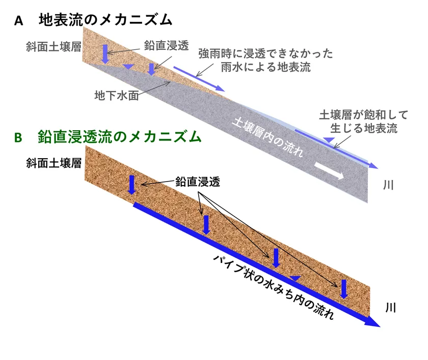 図1 山腹斜面における豪雨時の流出メカニズムの概念図 A:これまでの常識、B:本書による説明
