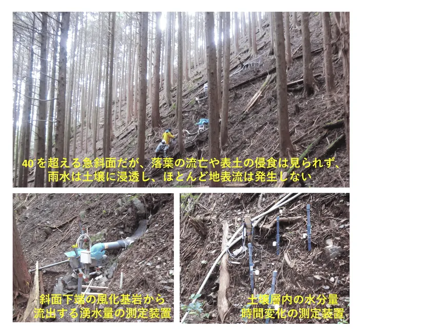 図3 急斜面試験地における流出メカニズムの観測状況