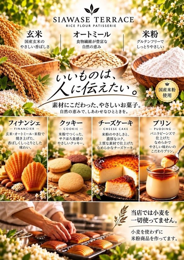 手作りフィナンシェ専門店
「幸せのパンケーキ　スイーツテラス」
米粉スイーツへリニューアル　
人気のフィナンシェが小麦粉から米粉に。
6種のジェラート×5種のドリンク×3種のフィナンシェから
自由に選べる新商品「ジェラドリ」も新発売!!