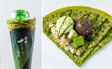 【箱根さとり本店限定】 芦ノ湖お濃茶クレープ 水まんじゅうのせ　1,300円(税込)